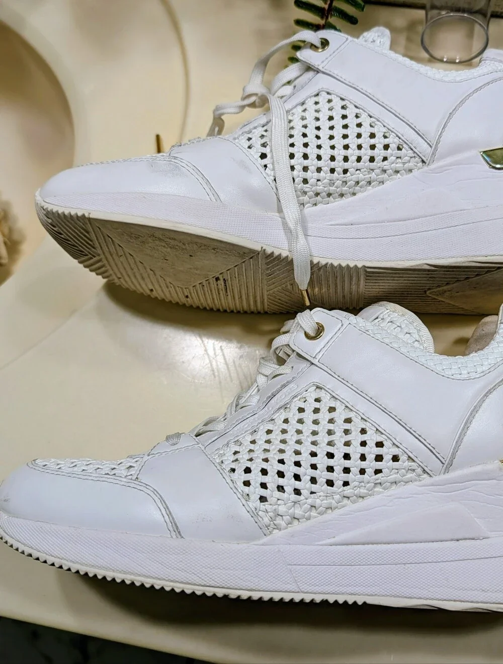 Michael Kors Georgie White Woven 8.5 Platform Sneakers with Gold Heel Accent.